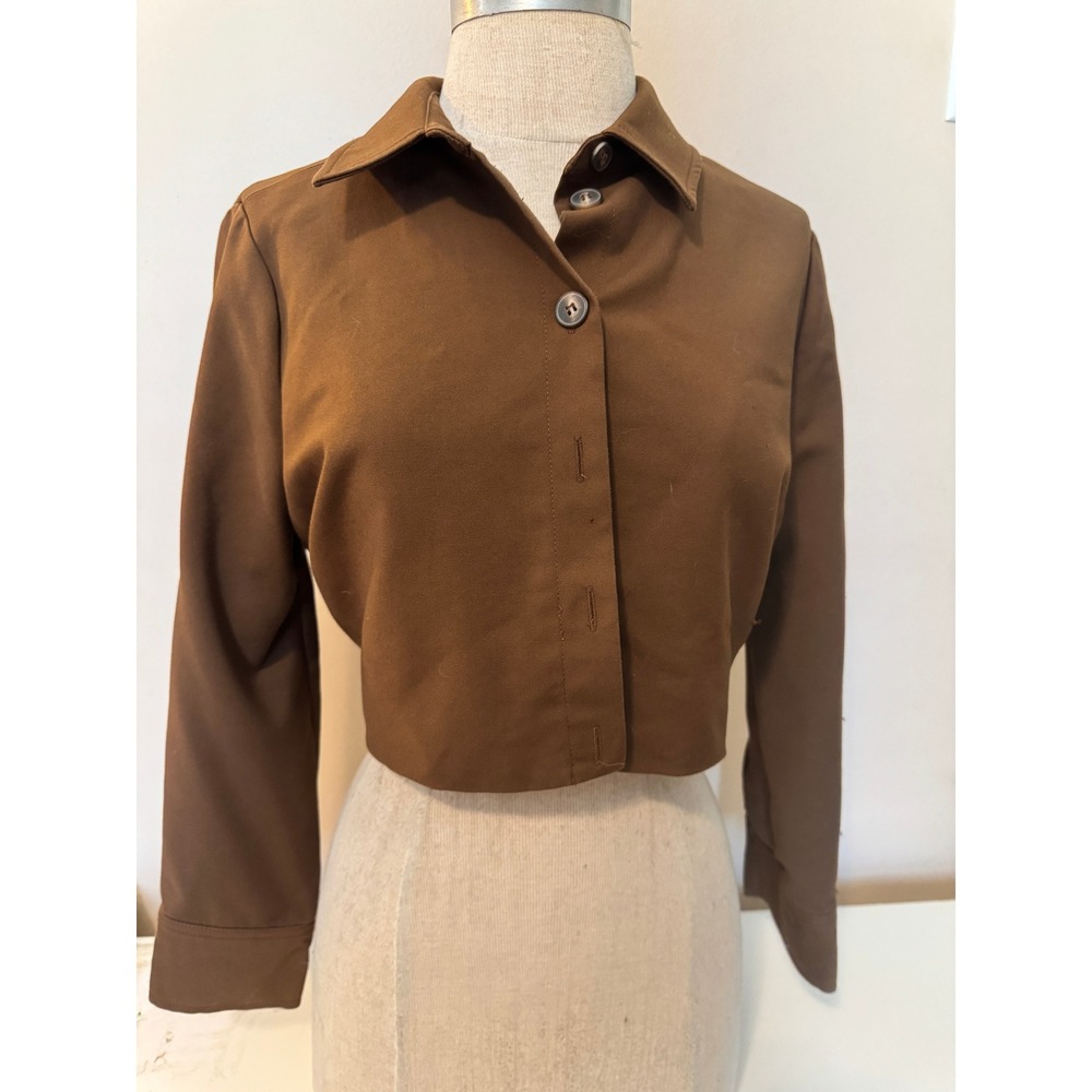 Zara Womens Cropped Button Front Jacket Brown Long Sleeve Gathered Back Size M